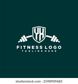 YX initial monogram for fitnes or gym logo with creative shield and barbell design