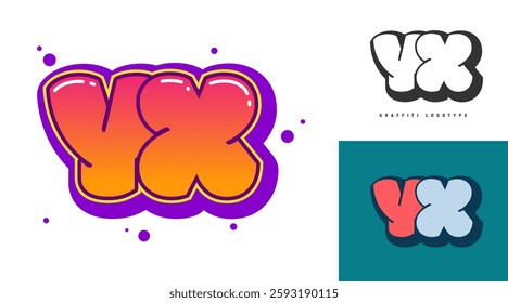 YX logo design for festival or party. Initial letter y and x in graffiti style. Creative modern lettering company name of font typography. Kids trendy logotype or identity. Vector illustration.