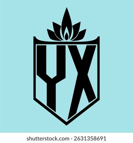 YX Logo featuring a minimalist design with a crown-like flower symbol on top, bold black elements, and a soft blue background, perfect for branding and modern visual identity.