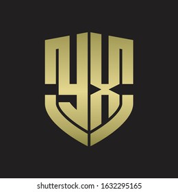 YX Logo monogram with emblem shield shape design isolated gold colors on black background