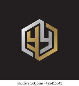 YY initial letters looping linked hexagon elegant logo golden silver black background