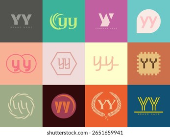 YY logo company template. Letter y and y logotype. Set different classic serif lettering and modern bold text with design elements. Initial font typography. Collection trendy business identity.