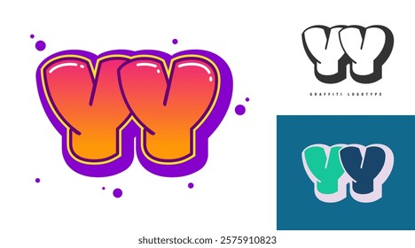 YY logo design for festival or party. Initial letter y and y in graffiti style. Creative modern lettering company name of font typography. Kids trendy logotype or identity. Vector illustration.