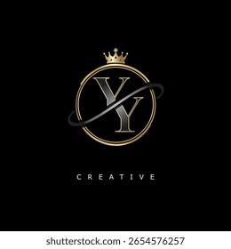 YY Luxury monogram logo design with golden crown on black background