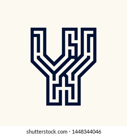 YY monogram in labyrinth shape.Typographic logo with overlapped letter y.Uppercase alphabet initials.Lettering icon isolated on light background.Modern, tech, web, corporate style.Geometric shape.