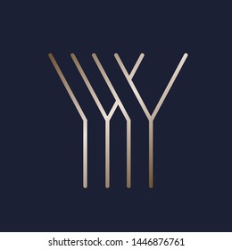 YY monogram.Typographic logo with letter y.Overlapped uppercase alphabet initials.Lettering icon in golden metallic color isolated on dark background.Thin lines.Modern, beauty, luxury style.