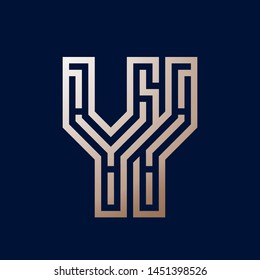 YY monogram.Typographic logo with overlapped letter y.Lettering icon.Uppercase alphabet initials in golden metallic color isolated on dark blue background.Labyrinth shape.Modern, geometric style.