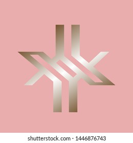 YY monogram.Typographic logo with overlapped y letters.Intertwined uppercase alphabet initials.Lettering icon in golden metallic color isolated on pink background.Modern, beauty, luxury style.