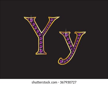 Yy in stunning amethyst precious round jewels set into a 2-level gold gradient channel setting, isolated on black. Vector EPS-10 file, transparency used. 