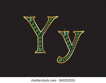 Yy in stunning emerald precious round jewels set into a 2-level gold gradient channel setting, isolated on black. Vector EPS-10 file, transparency used. 