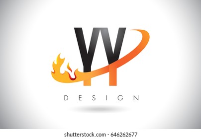 YY Y Letter Logo Design with Fire Flames and Orange Swoosh Vector Illustration.