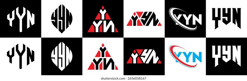 YYN letter logo design in six style. YYN polygon, circle, triangle, hexagon, flat and simple style with black and white color variation letter logo set in one artboard. YYN minimalist and classic logo