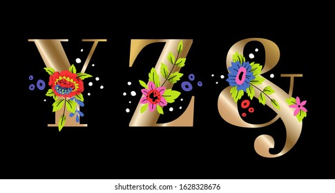 YZ& gold floral letters. Floral visuals, composition for cards, posters, initials, invitation, save the date, logo design on black background.