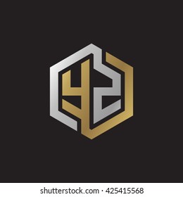 YZ initial letters looping linked hexagon elegant logo golden silver black background