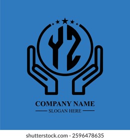 YZ initials held within hands, symbolizing trust and protection. The circle represents unity, while stars highlight excellence and ambition.