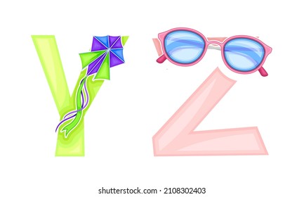 Y,Z letters of English alphabet with kite and sunglasses vector illustration