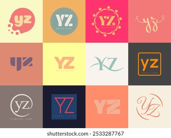 YZ logo company template. Letter y and z logotype. Set different classic serif lettering and modern bold text with design elements. Initial font typography. Collection trendy business identity.