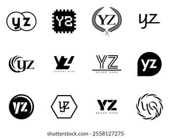 YZ logo company template. Letter y and z logotype. Set different classic serif lettering and modern bold text with design elements. Initial font typography. Collection trendy business identity.