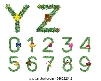 YZ and number, vector christmas tree font decorated with icon about christmas on white background