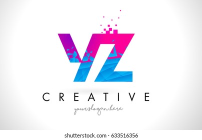 YZ Y Z Letter Logo with Broken Shattered Blue Pink Triangles Texture Design Vector Illustration.