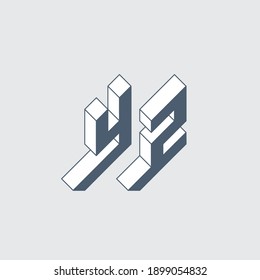 YZ o Y2 - monograma o logotipo. Alfabeto de volumen. Letras de tres dimensiones Y y Z o número 2. Fuente isométrica 3d para el diseño.