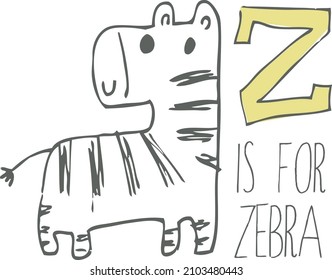Z alphabet letter for kids. Kids alphabet. Letter Z Cute cartoon baby ZEBRA. Can be used for baby t-shirt print, fashion print design, kids wear, nursery, wall decor, poster, educational material.