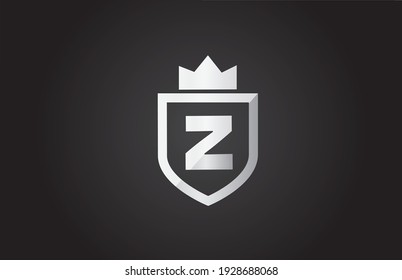 Z alphabet letter logo icon in black and grey color. Shield design for company identity with king crown