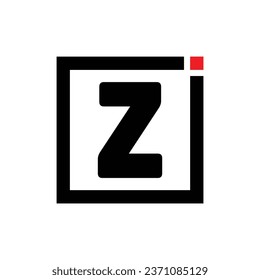 Z alphabet letter logo icon in black and white. Company and business design with a square and red dot.