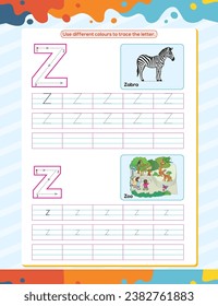 Z alphabet tracing practice worksheet. Educational coloring book page with outline vector illustration for preschool