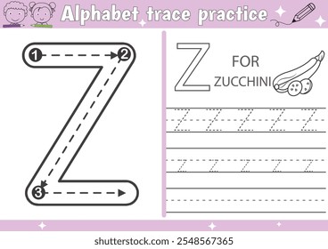 Z alphabet tracing practice worksheet and Zucchini coloring book page with outline vector for Pre-school Kids
