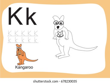 A to z, alphabet tracing worksheets,cartoon coloring book for kids, animal drawing free hand practice for pre school student. Ready for print paper ratio vector art. Letter K. ABC.