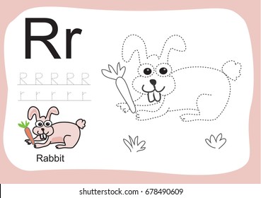 A to z, alphabet tracing worksheets,cartoon coloring book for kids, animal drawing free hand practice for pre school student. Ready for print paper ratio vector art. Letter R. ABC.