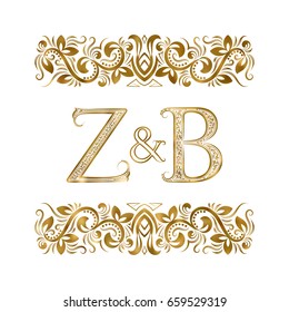 Z and B initials vintage logo. The letters surrounded by ornamental elements. Wedding or business partners monogram in royal style.