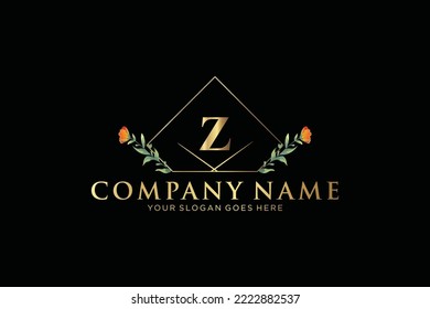 Z Beauty vector initial logo, Golden floral letters with flowers leaves and gold splatters isolated on white background. Vector illustration for wedding, greeting cards, invitations template design