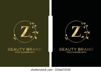 Z Beauty vector initial logo, Golden floral letters with flowers leaves and gold splatters isolated on white background. Vector illustration for wedding, greeting cards, invitations template design