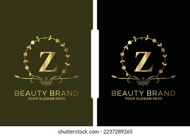 Z Beauty vector initial logo, Golden floral letters with flowers leaves and gold splatters isolated on white background. Vector illustration for wedding, greeting cards, invitations template design