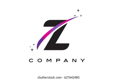 Z Black Letter Logo Design with Purple Magenta Swoosh and Stars.