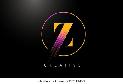 Z Brush Stroke Letter Logo Design. Das orangefarbene violette Logo verleiht dem Symbol ein elegantes Circle Vector Design.