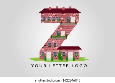 Z building letter vector illustration.  House letter with windows, balcony, doors, roof, bricks, chimneys and flowers for logo, label, cover, brochure, card, real estate agency or web page design.