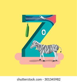 Z - Children learning alphabet education set. Zebra, zucchini, zero, zipper.