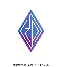 Z D Initial letter block chain logo icon vector template. Looping mono line circuit letter on rhombus cube logo