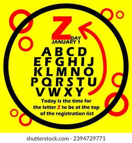 Z Day event banner. Alphabet letters with arrow direction in circle frame on yellow background to celebrate on January 1st