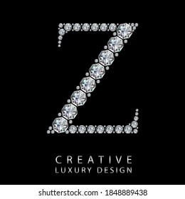 Z diamond letter vector illustration. White gem symbol logo for your luxury business, casino, jewelry or web site. Upper letter with many sparkling diamonds isolated on black background.