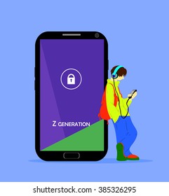 Z Generation Illustration. Teenage Boy With A Phone And Headphones, Standing Near The Big Smartphone.