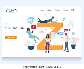 Z generation vector website template, web page and landing page design for website and mobile site development. Group of young people communicating, texting messages via internet and social media.