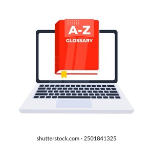 A z glossary book coming out of a laptop screen, providing definition and explanation service through internet