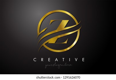 Z Golden Letter Logo Design with Circle Swoosh and Gold Metal Texture. Creative Metal Gold  Z Letter Design Vector Illustration.