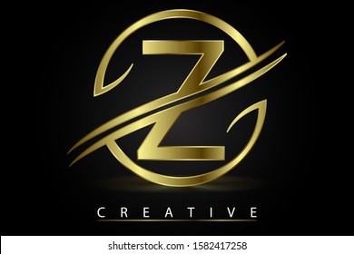 Z Golden Letter Logo Design Vector Illustration with Circle Swoosh and Gold Metal Texture. Creative Metallic Letter for Company Name, Label, Icon, Cover, Emblem, Print, Textile, Card or Web Page.