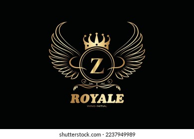 Z Golden patterned letters and initial monogram in coat of arms form with crown. Royal font and elements kit for logo design.