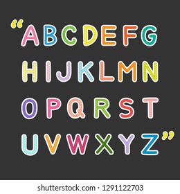 A to Z  hand drawn kids style letters with brown dashed lines , cute font and colorful uppercase alphabet on chalkboard background.